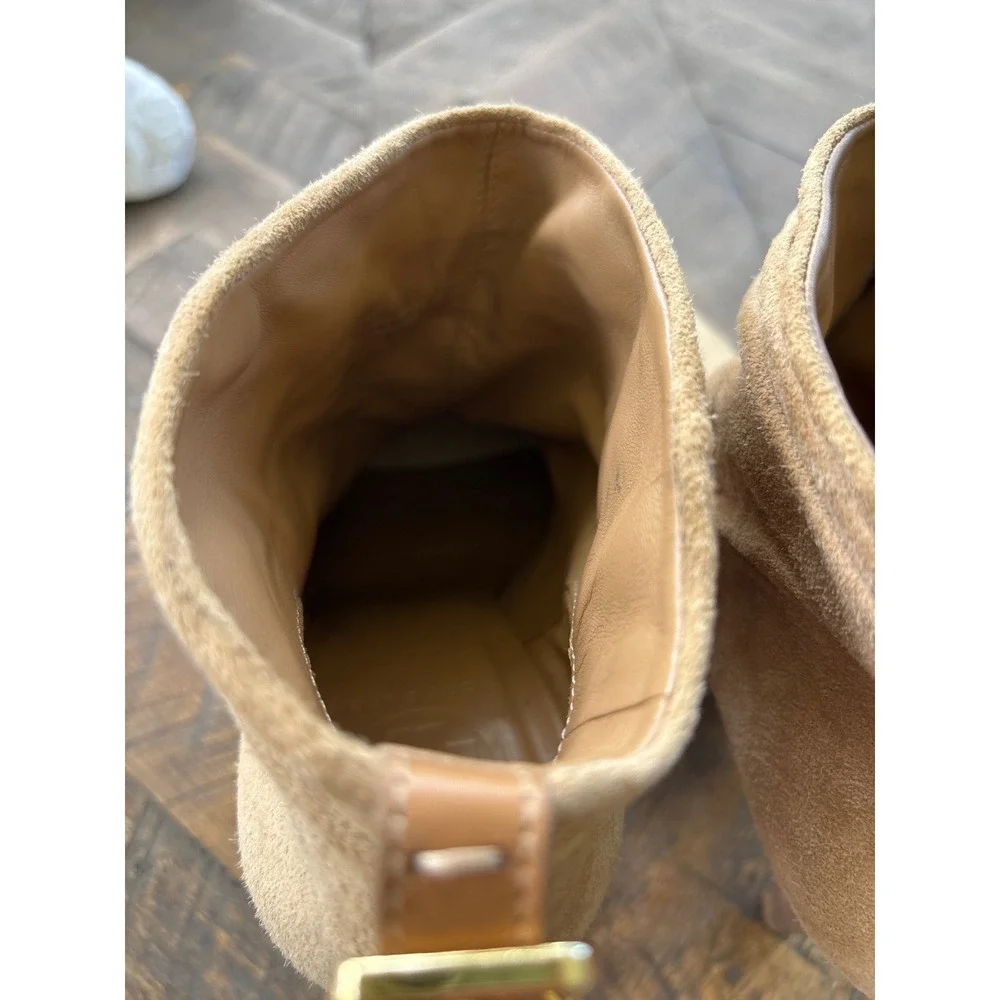 Tory Burch 8.5 Suede Ankle Boots Tan Slouchy Stiletto Gold Buckle Booties